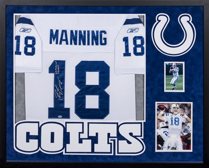 Peyton Manning Signed & Inscribed Indianapolis Colts Jersey In 42x34 Framed Display (Steiner)